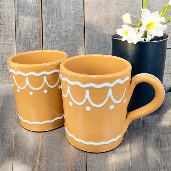 Pier 1 Coffee Mug Cup Brown Gingerbread White Swirl Mug Hand Painted Italy Set 2 - Picture 1 of 16